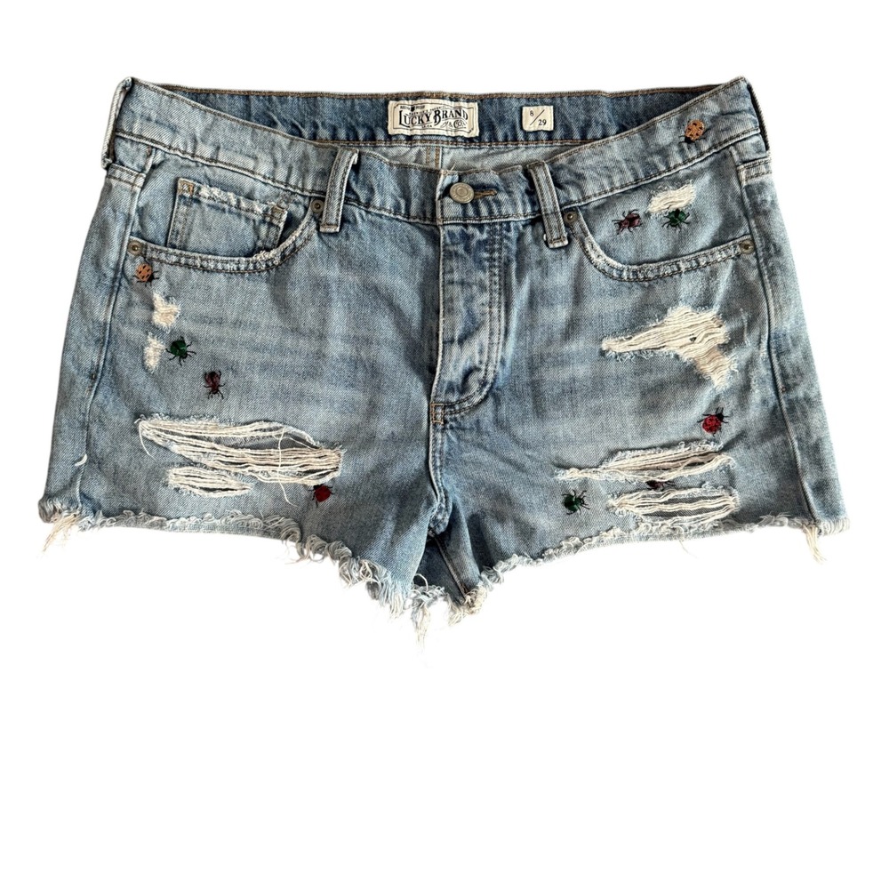 Lucky Brand 8/29 (34x2) Distressed Bug Embroidered Womens Boyfriend Shorts